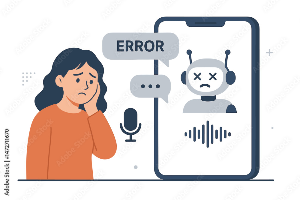 Poster woman upset by ai assistant error displayed on smartphone. chatbot malfunction or technical failure 