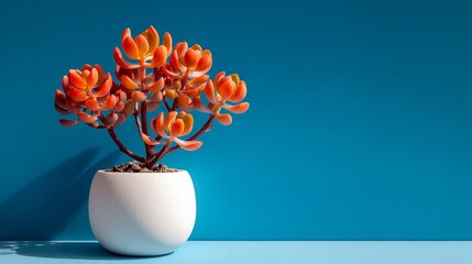 Vibrant orange succulent plant in white pot against vivid blue background.