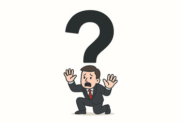 Stressed cartoon businessman kneeling under a huge question mark symbol representing overwhelming pressure, uncertainty, confusion, doubt, and challenges in the corporate world. Vector illustration.