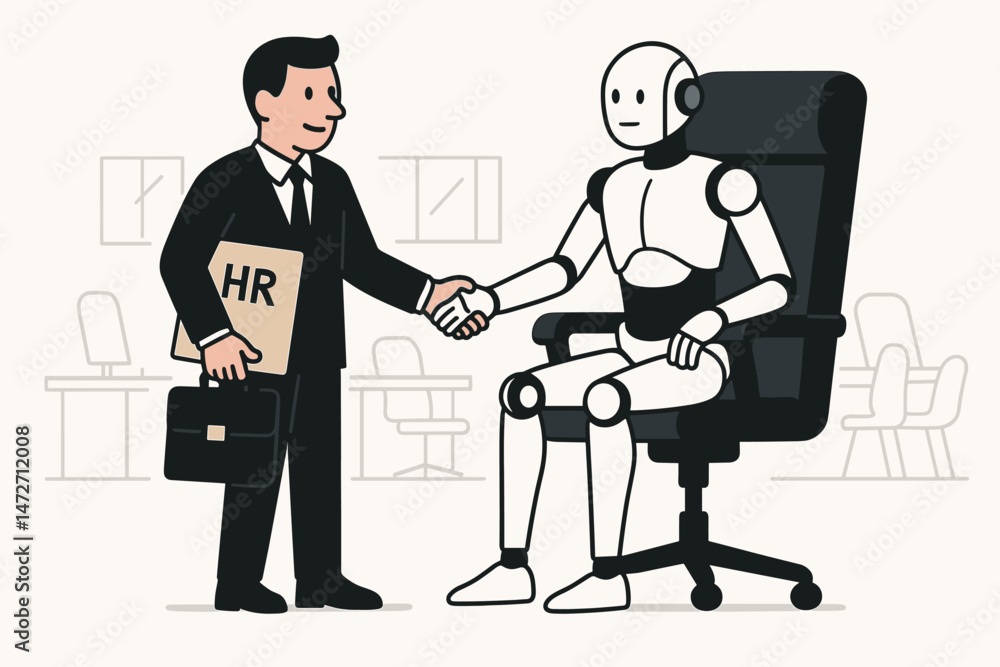 Aufkleber business professional hr manager shaking hands with advanced ai robot applicant in office environmen