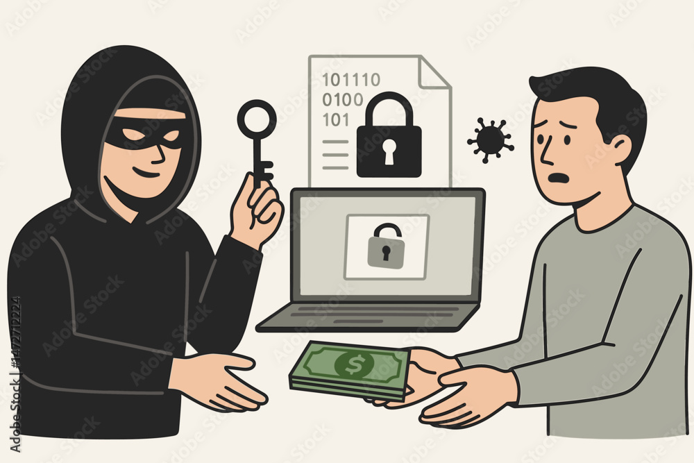 Poster cybersecurity concept: worried man paying ransom money to a hooded hacker for a decryption key after