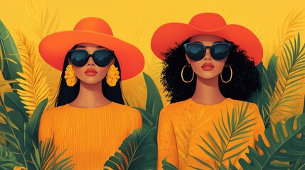 Two women in vibrant orange hats and sunglasses, surrounded by lush tropical foliage