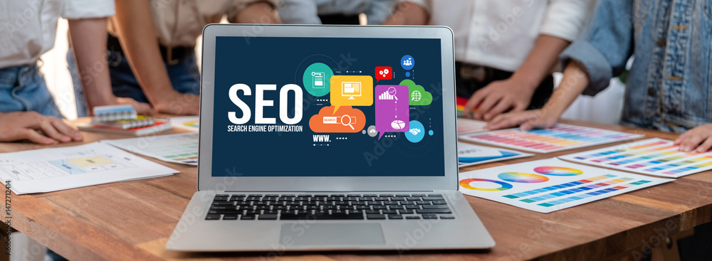 Aufkleber SEO search engine optimization for brisk e-commerce and online retail business showing on computer screen
