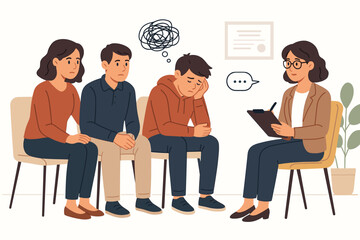 Supportive family therapy session illustration with parents and anxious teenage son seeking professional help from a female psychologist during a counseling consultation for mental wellness.