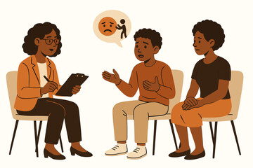 Professional psychologist providing therapy for a Black adolescent male expressing sadness and emotional difficulties, accompanied by his mother in a supportive family mental health consultation.