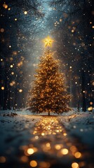 Christmas tree with a star on top in the snow