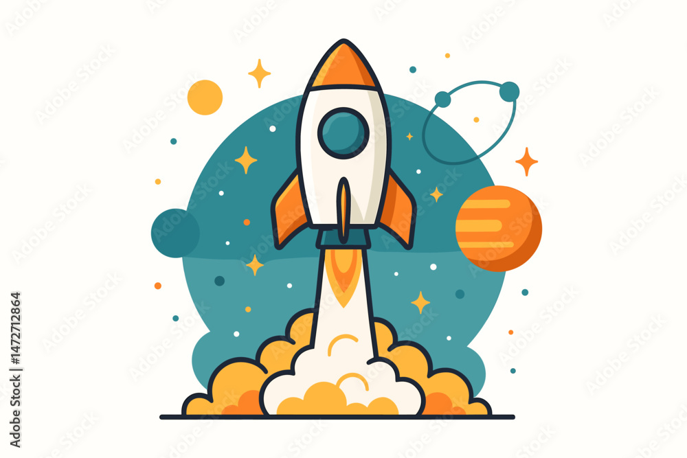 Poster startup rocket launch vector illustration. cartoon spaceship blasting off into outer space with star