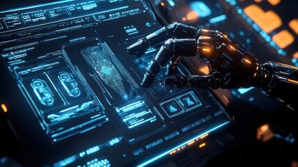 Futuristic AI Control Panel with Robotic Hands Operating