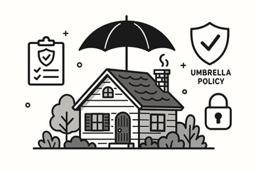 Umbrella Policy and Home Insurance Essentials Vector Concept. Minimalist black and white line art illustration of a protected cottage with security icons like shield, lock, and checklist.