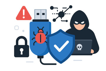 Cybersecurity concept illustration showing hacker, USB virus threat, antivirus shield protection, secure padlock, warning sign, and network icon representing data safety and defense vector graphic.
