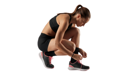 Athletic woman tying shoelaces fitness workout sporty active gym dark body on transparent background