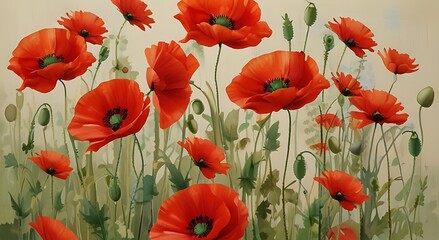 Vibrant scattering of bright red poppies in wildflower meadow nature floral beauty spring season