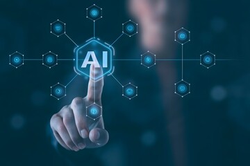 Multi agent AI systems, Businessman holding AI agents, AI driven solutions streamline workflows, Decision. Human Touch with Digital Intelligence Network.