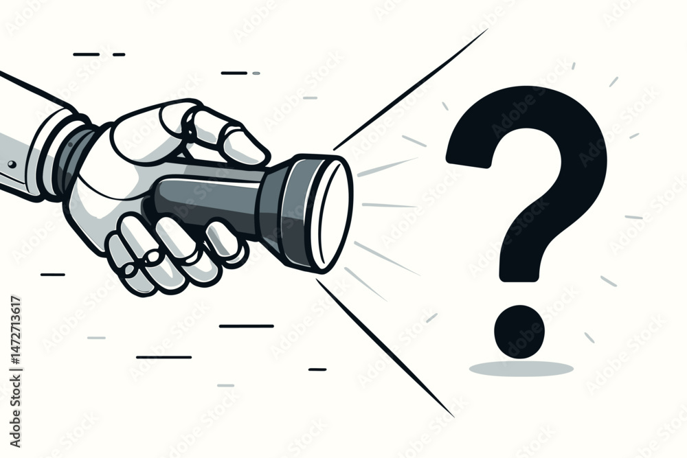 Poster vector illustration of ai robotic arm using a spotlight flashlight to investigate a large question m