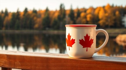 Canadian mug with maple leaves against scenic autumn backdrop  