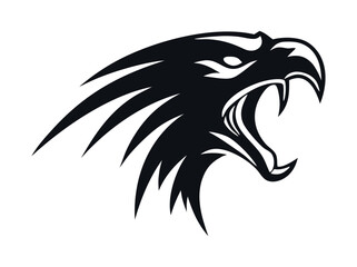 Fierce Eagle Head Graphic Design, Bold graphic of an eagle's head in profile view, with an aggressive, roaring expression. eagle, bird, head, graphic, logo, design, vector, illustration, black and whi
