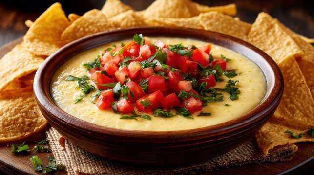 Delicious queso dip being served with tortilla chips and pico de gallo
