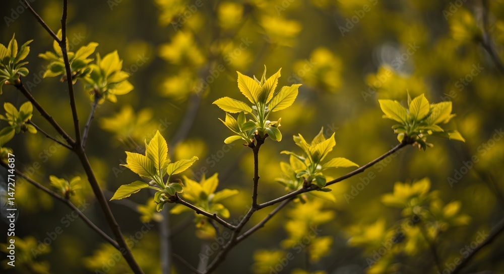 Poster close up of yellow leaves budding on a tree branch against a blurred yellow background in spring