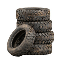 Stack of Worn Out Mud-Covered Tires  Awaiting Recycling