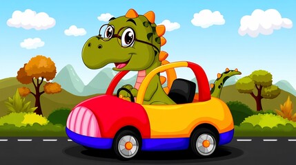 Obraz premium Happy dinosaur driving a colorful car on a road