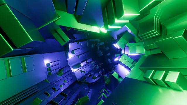 3D render. Abstract blue and green geometric background. Volumetric blocks illuminated with blue and green neon light