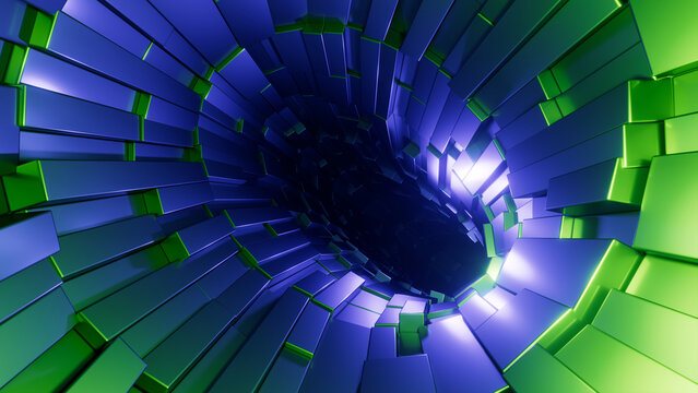 3D render, abstract blue and green geometric background of a fantastic tunnel made of many metal panels. Virtual funnel