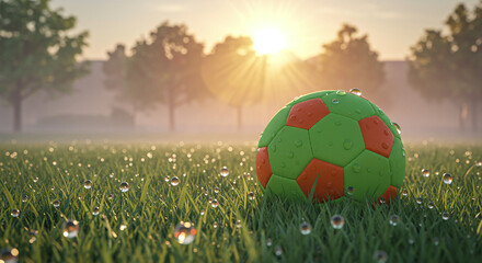 Soccer ball on grass with morning dew and rising sun
