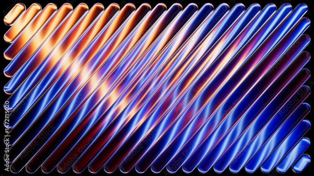 Aufkleber fluted glass effect. 3d rendering of a vibrant abstract background featuring diagonal tubes in neon 