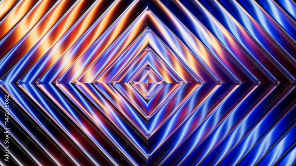 Poster fluted glass effect. 3d rendering of a vibrant abstract background featuring diamond shape in neon s