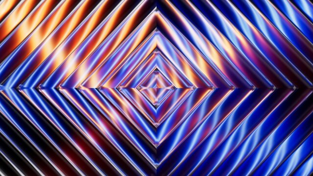 Fluted glass effect. 3d rendering of a vibrant abstract background featuring diamond shape in neon shades of blue, purple, and orange. Ultraviolet wallpaper
