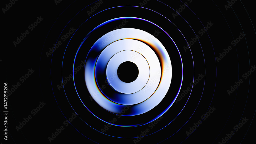 Poster 3d rendering. abstract minimalist geometric background featuring round metallic shapes. fluted glass