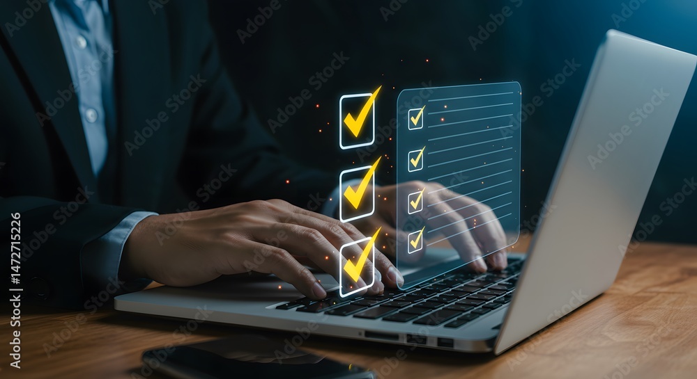 Poster person using laptop with digital checklist and checkmarks for task management and productivity