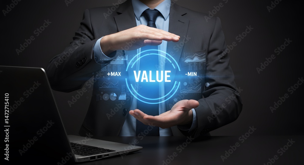 Poster businessman holding glowing digital value icon with financial graphs and data analytics representing