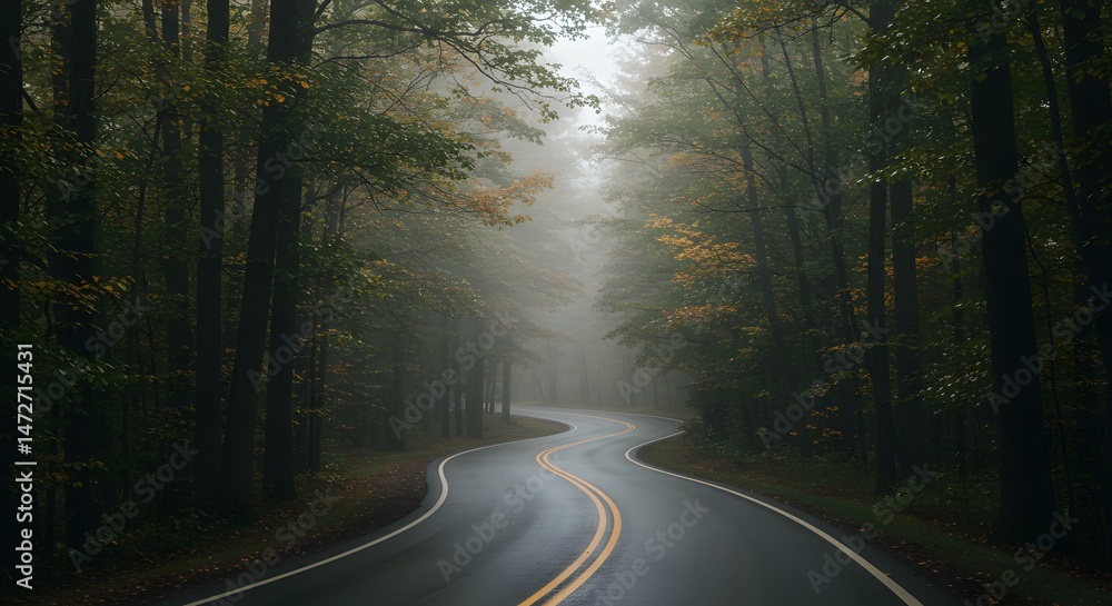 Poster winding road through a foggy forest with trees lining the path and yellow lines on the road surface