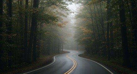 Fototapeta premium Winding road through a foggy forest with trees lining the path and yellow lines on the road surface