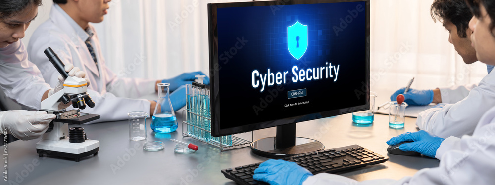 Poster cyber security system on computer screen protect private information brisk from hacker and cyber att