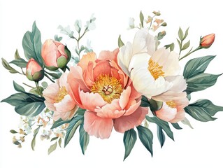 Elegant Floral Arrangement Featuring Peonies and Buds with Soft Pastel Colors and Lush Greenery for Home Decor or Event Design