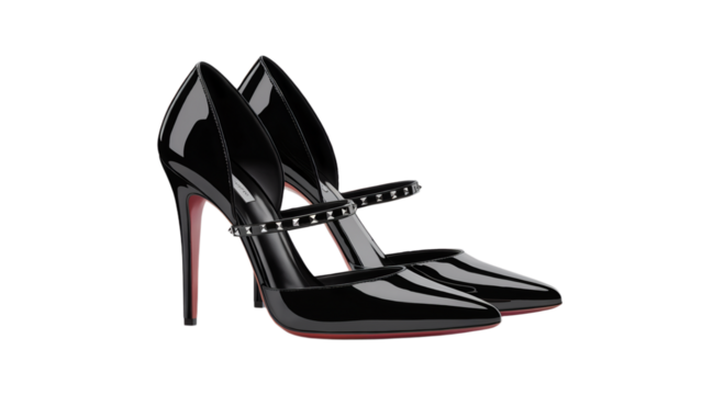 Elegant black patent leather high heels with studded strap stylish on transparent background red toe