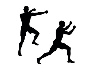 Two male boxers in dynamic fighting silhouettes, Silhouette image of people boxers in contrasting fighting stances, Celebratory Boxing Champions, boxing, champion, victory, celebration, triumph, winne