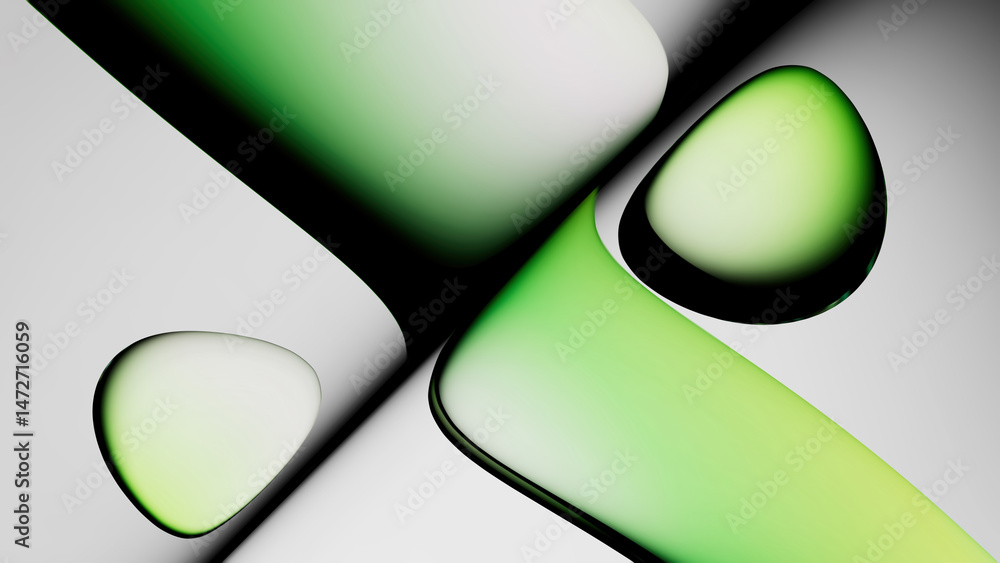Poster 3d render. abstract background of smooth liquid glass shapes and bubbles. fluid gradient of pastel a