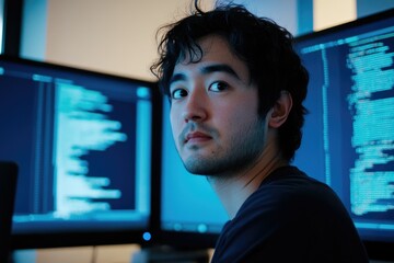 A young programmer looks over his shoulder while working on code displayed on multiple computer screens.