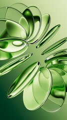A 3d rendering. Round green glass shapes. Abstract aesthetic background, modern vertical wallpaper