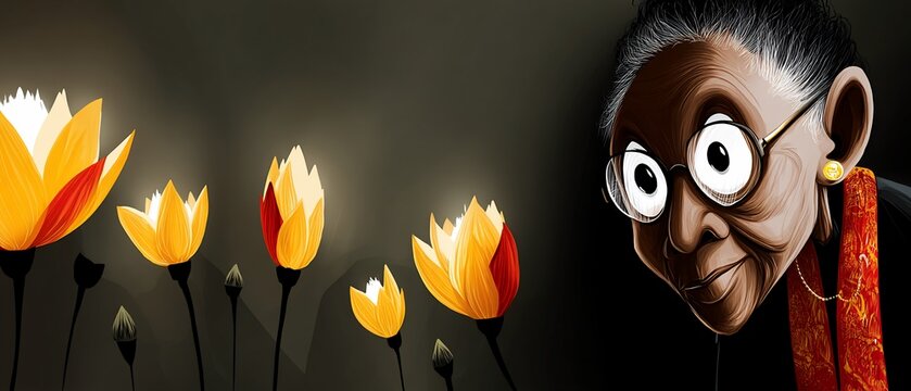 Illuminated flowers beside an elderly woman