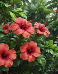 Obraz premium Large exotic hibiscus flowers amidst dense tropical greenery , bright, Hibiscus, colorful