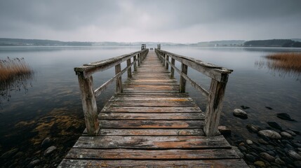 Fototapeta premium Weathered wooden pier stretching over calm lake under overcast cloudy sky.