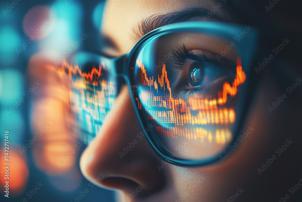 Poster woman is looking at a computer screen with a lot of numbers and graphs. concept of focus and concent