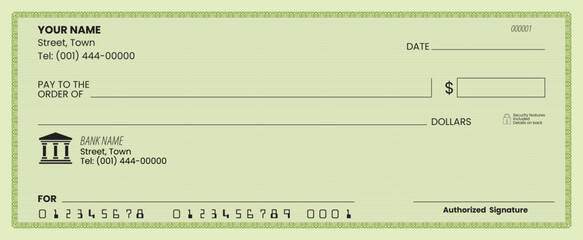 Blank check template, bank cheque vector, customizable design, printable layout.