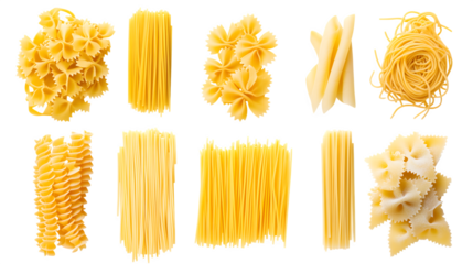 Collection of different italian pasta types, from left to right linguine, farfalle, spaghetti, penne, tagliatelle, isolated on white background