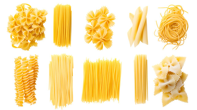 Collection of different italian pasta types, from left to right linguine, farfalle, spaghetti, penne, tagliatelle, isolated on white background