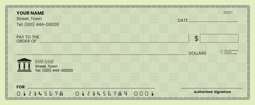 Blank check, bank cheque design, vector format, Blank check template, bank cheque vector, customizable design, printable layout, financial document.
